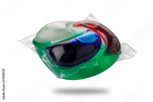 Washing gel capsule pod with laundry detergent isolated .