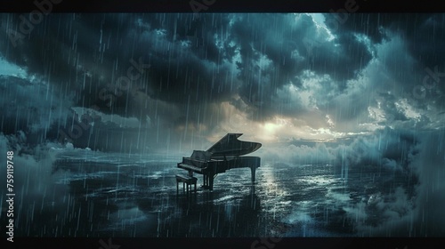 flying and floating piano in the sky in the cloud with rain