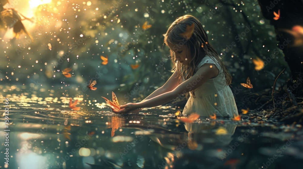 Little girl in a white dress bathes in a pond with fallen leaves - obrazy, fototapety, plakaty 