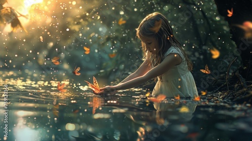Little girl in a white dress bathes in a pond with fallen leaves