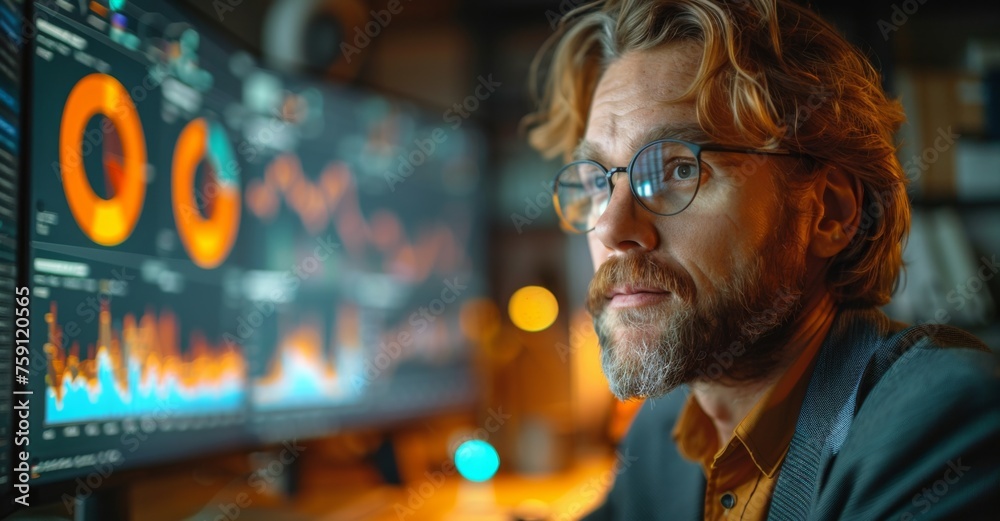 Focused professional analyzing data and digital graphs in a modern workspace during evening hours Focused professional analyzing data and digital graphs in a modern workspace during evening hours
