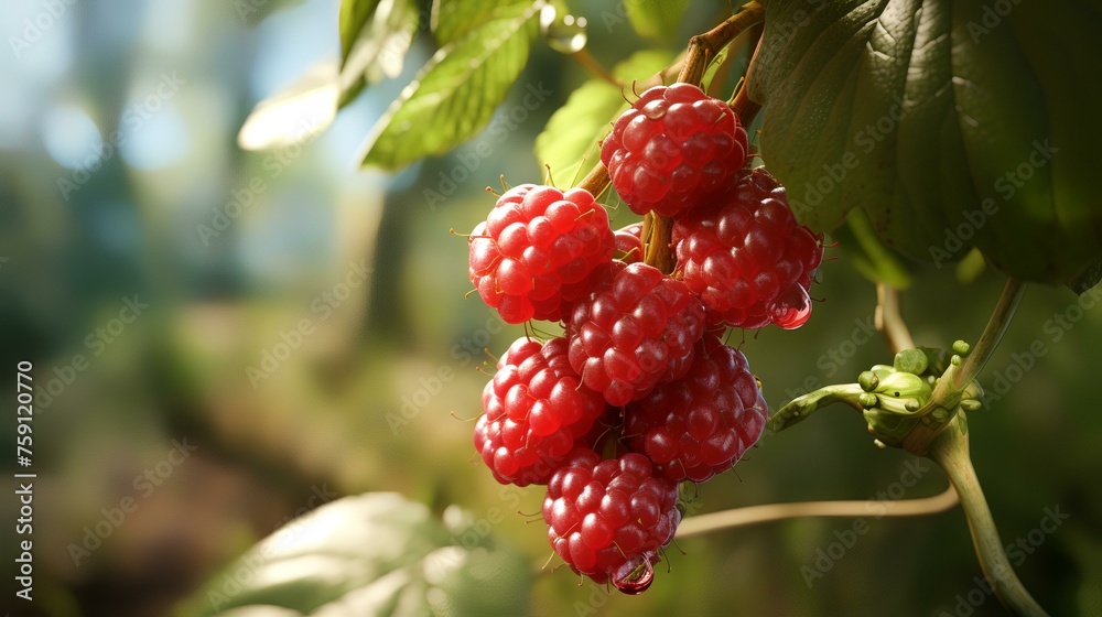 Ripe raspberries on a branch in the garden, closeup view Ripe raspberries on a branch in the garden, closeup view