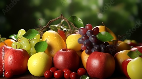 Still life with fresh fruits on a wooden table against a blurred background, closeup © shameem