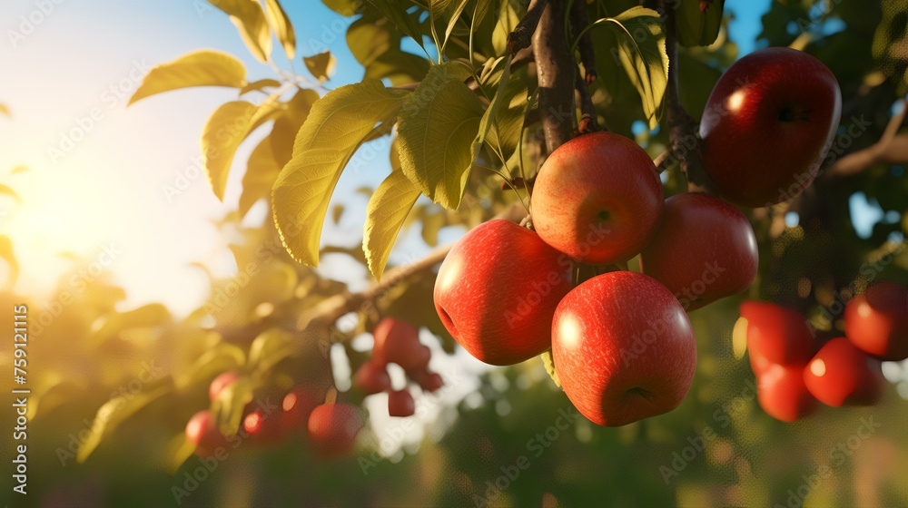 Ripe red apples on a tree branch in an apple orchard.