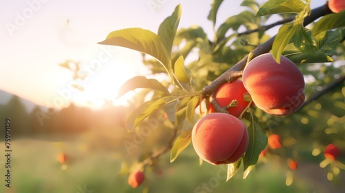 Peach tree with ripe fruits in orchard at sunset, selective focus © shameem