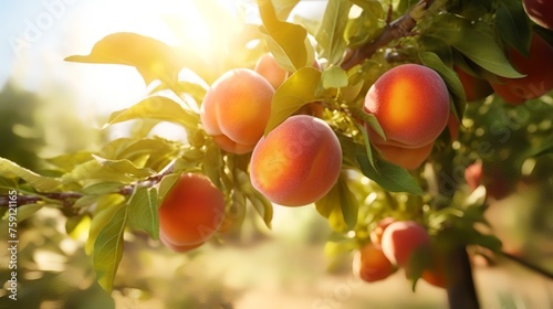 Peach tree with ripe fruits in orchard at sunset, selective focus © shameem