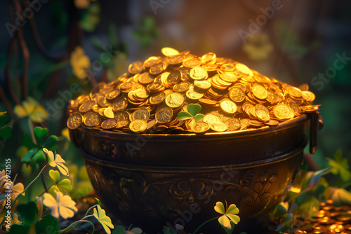 A bowl full of gold coins is sitting on a table. The coins are shiny and reflect the light, creating a warm and inviting atmosphere. Concept of wealth and prosperity, as well as a feeling of abundance