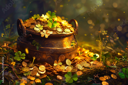 A bowl full of gold coins is sitting on a table. The coins are shiny and reflect the light, creating a warm and inviting atmosphere. Concept of wealth and prosperity, as well as a feeling of abundance