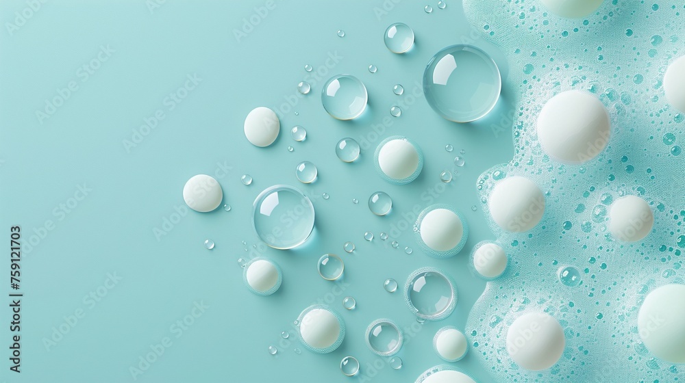 A drop of water with bubbles on the surface surrounded by many small round spheres and large white circles in different sizes