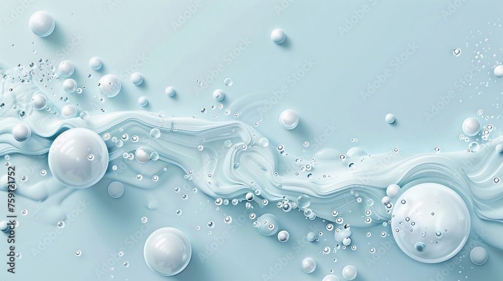 A drop of water with bubbles on the surface surrounded by many small round spheres and large white circles in different sizes
