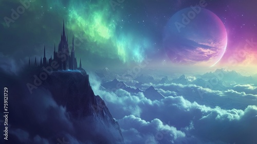 A lonely medieval castle fortress on mountain top with majestic view of snow mountain, giant planet and beautiful aurora northern lights in night sky in winter. photo