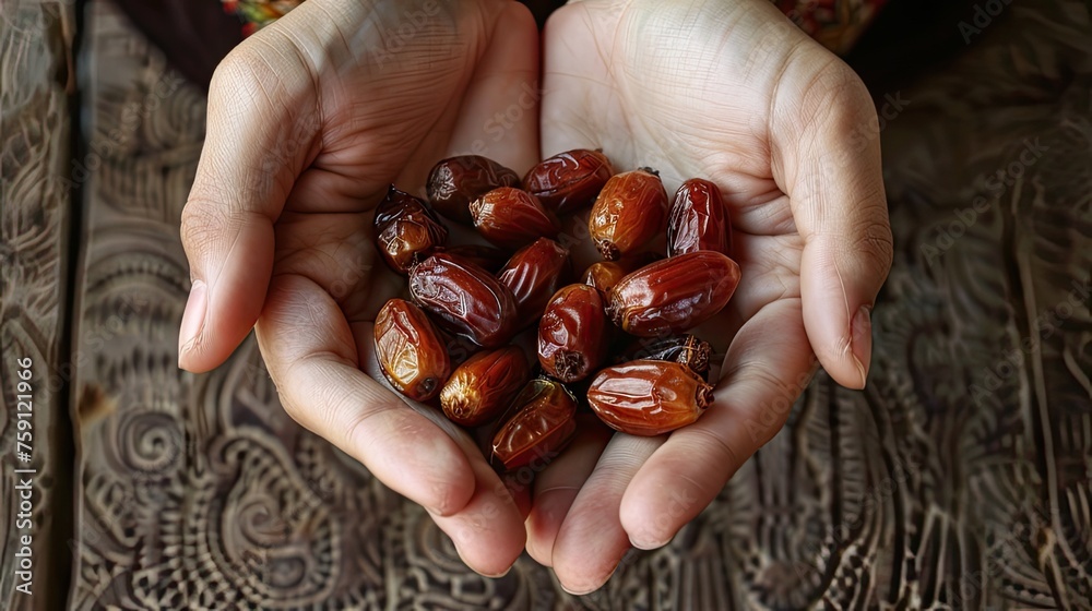 Woman Holding a Heap of Date Fruit Toward Camera. The Food Mostly Eating in Ramadan. Daylight, Close Up Shot. Woman Holding a Heap of Date Fruit Toward Camera. The Food Mostly Eating in Ramadan. Daylight, Close Up Shot.