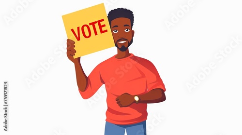 Digital illustration of African American man holding VOTE sign. Black male voter. Concept of elections, personal empowerment, voting, citizen rights, diversity. Isolated on white background. Artwork