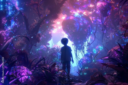 A young boy exploring an alien world surrounded by glowing sea creatures and floating islands. The artwork is in an abstract digital art style with a full body shot taken with a wide angle lens