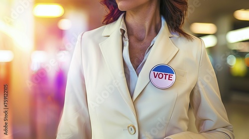 Woman with VOTE badge on her white jacket at a polling station. Concept of election day, voting awareness, elections, democratic process, civic duty, voter turnout, and national pride