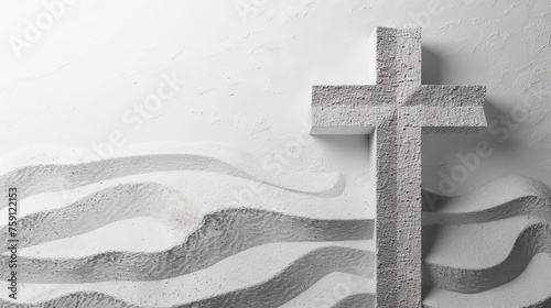 White cross on sand or white ash. Concept of faith, Christianity, religious, Easter celebration, ash Wednesday, resurrection, cremation, funeral, liturgy, ritual. Banner. Copy space
