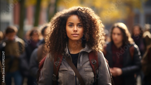 Black female student with a backpack at a university campus. Young woman. Concept of academic aspirations, higher education, student diversity, new beginnings, and cultural integration.