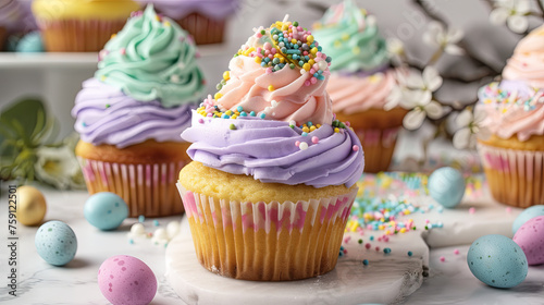 Colorful Easter cupcakes with vibrant icing arranged on a gray background