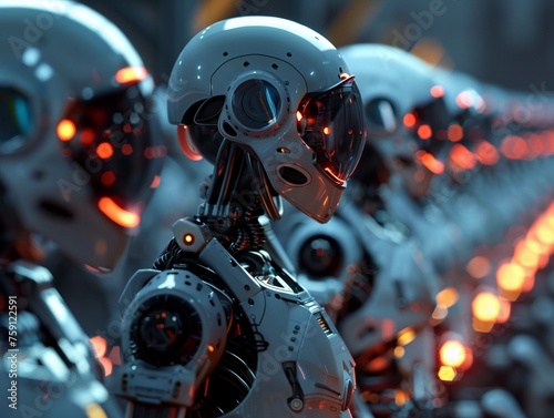 Android assembly lines hum with the creation of synthetic beings.