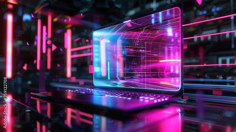 holographic computer with neon lightts, photorealistic