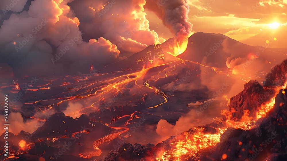 The crater is erupting, smoke, lava, Apocalyptic volcanic landscape with hot flowing lava and smoke and ash clouds. Generative AI - obrazy, fototapety, plakaty 