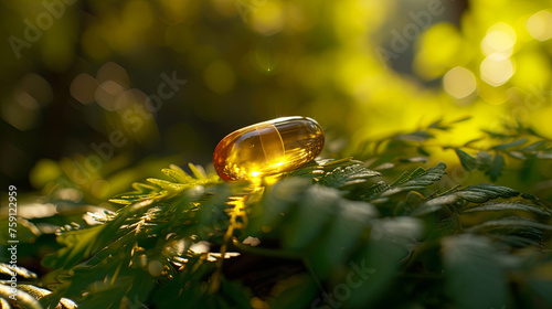 Omega 3 capsus on the grass in sunny leaves photo
