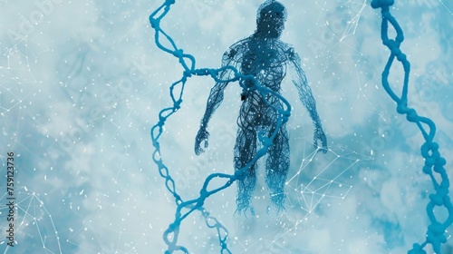 human abstract figure standing made entirely of dna strands and amino acids glitch effect, blue and white color