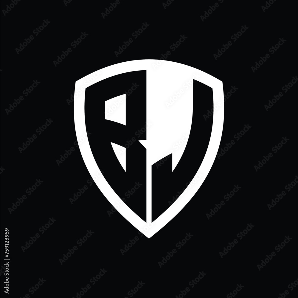 BJ monogram logo with bold letters shield shape with black and white color design