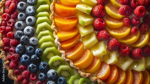Create a Fruit Tart topped with an assortment of colorful fruits arranged in a cute pattern making it a feast for both the eyes and the palate.