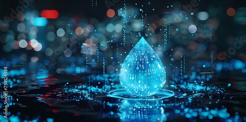 Envisioning the Future of Water Conservation: A Digital Hologram of a Futuristic Water Drop Amidst an Urban Cityscape. Generative AI