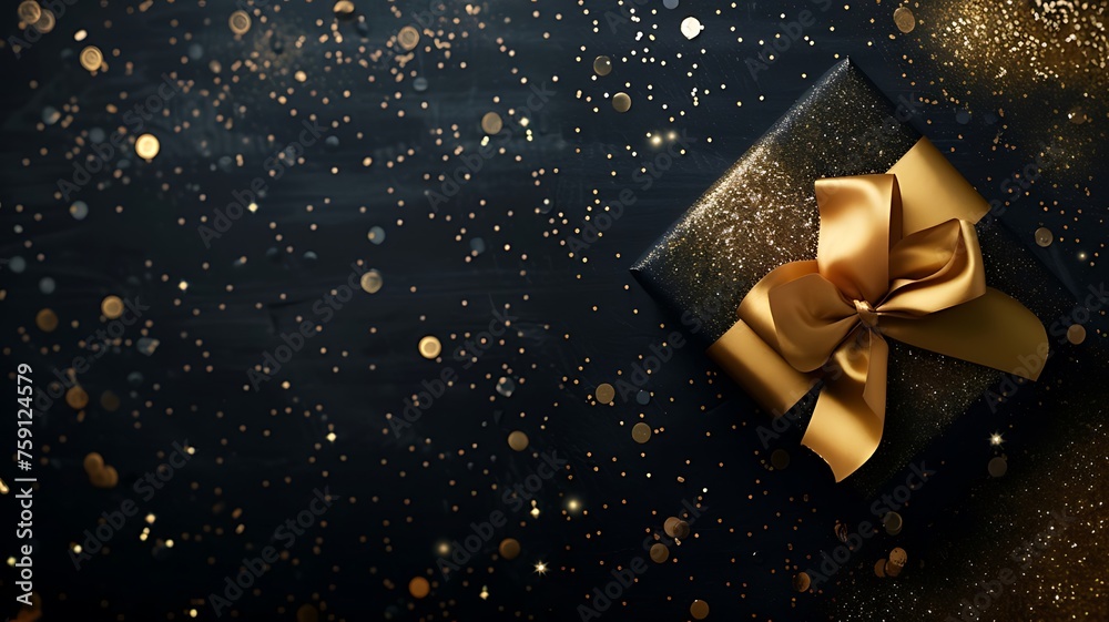 Gift box and golden ribbon on black background with glitter. Black Friday sale concept. Graphics. Banner. Copy space for text. Decorative seasonal illustration. Generative AI Gift box and golden ribbon on black background with glitter. Black Friday sale concept. Graphics. Banner. Copy space for text. Decorative seasonal illustration. Generative AI