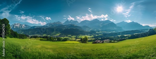 Idyllic mountain landscape in the Alps with scenic blooming meadows in the beautiful springtime. Generative AI