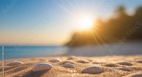 Blurred summer nature background with tropical sand beach, ocean and sunlight