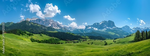 Idyllic mountain landscape in the Alps with blooming meadows in springtime. Generative AI