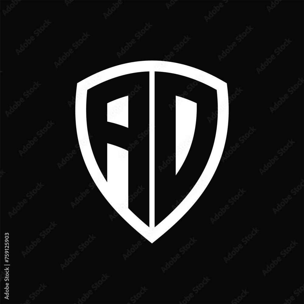 AD monogram logo with bold letters shield shape with black and white color design
