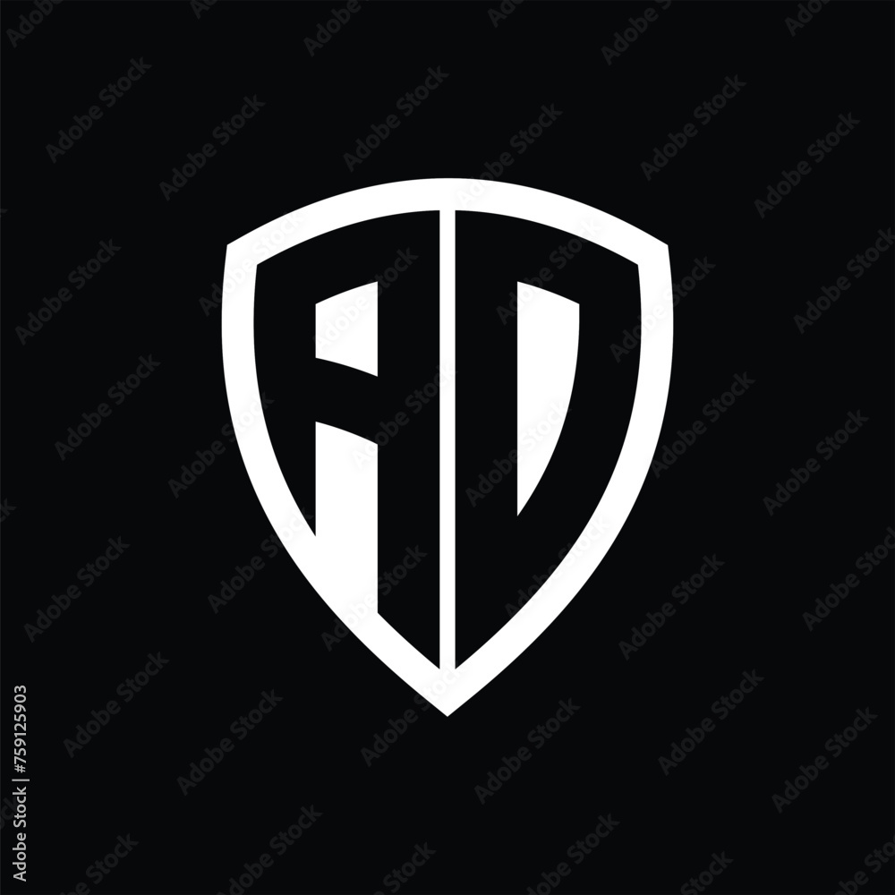 AD monogram logo with bold letters shield shape with black and white color design AD monogram logo with bold letters shield shape with black and white color design