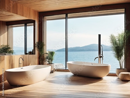 Modern swimming pole bathroom interior with bathtub and sink  panoramic window