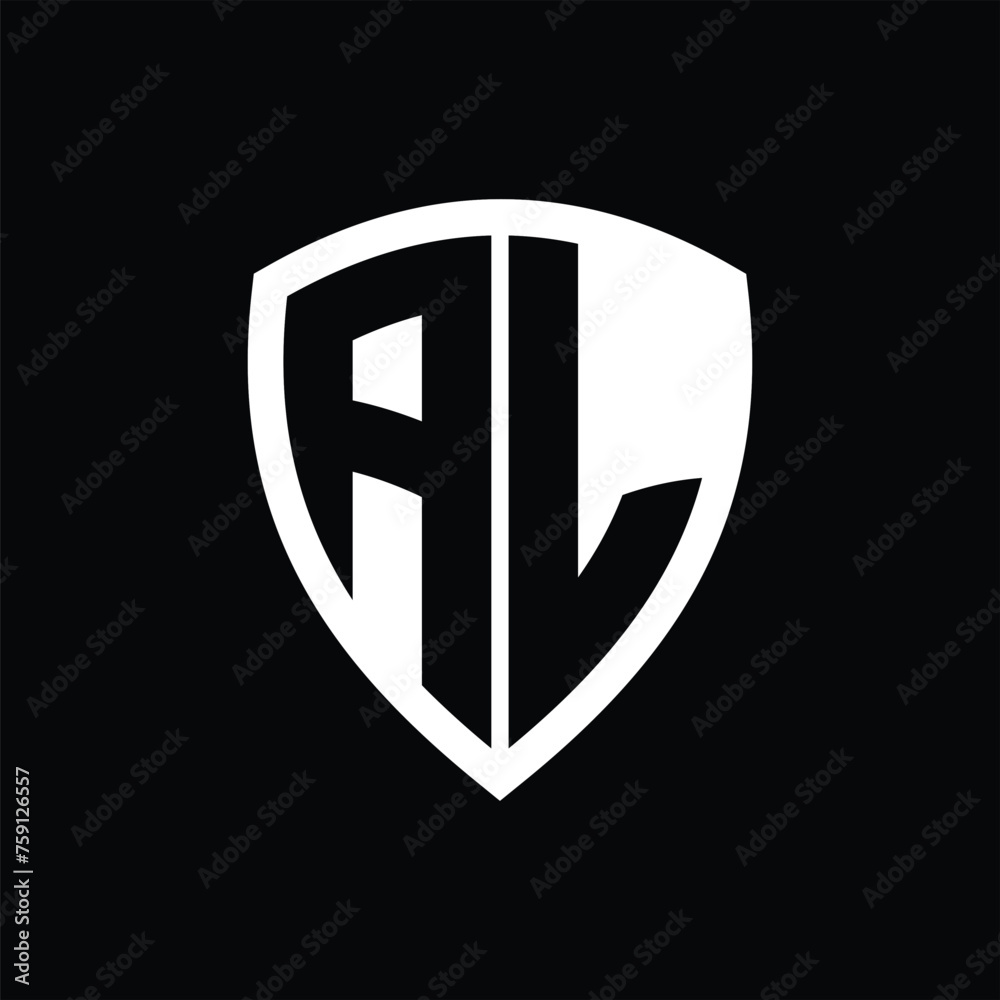 AL monogram logo with bold letters shield shape with black and white color design AL monogram logo with bold letters shield shape with black and white color design