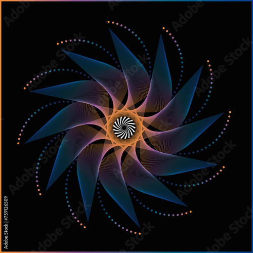The vector dotted spiral vortex graphic is a visually interesting and complex image. use of color, movement, and text, all contribute to its overall effect. 


