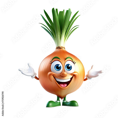 3D tiny cartoon character of onion with eyes, arms, legs on white transparent background. promote healthy kid's eating, nutrition education, children's books, fun mascot to sell vegetables