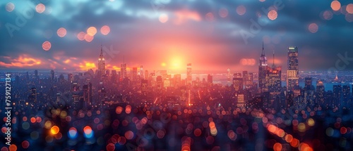 Stunning sunset over New York City skyline illuminates buildings and clouds with vibrant colors and soft bokeh lights creating a magical evening atmosphere