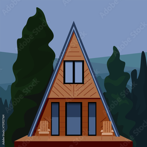 Vector image of a mountain wooden house with a triangular roof. Carpathian holiday cottage.