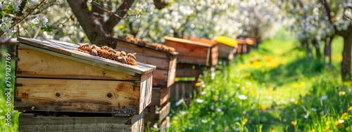 Bee hives in a blooming garden. Selective focus.