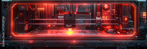 Icon of a 3D Printer in a Tech Neon Frame,
A close up of a steampunk engine with red lights photo