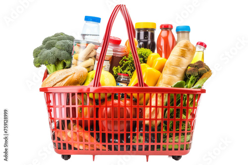 An image of an assorted groceries in a red basket