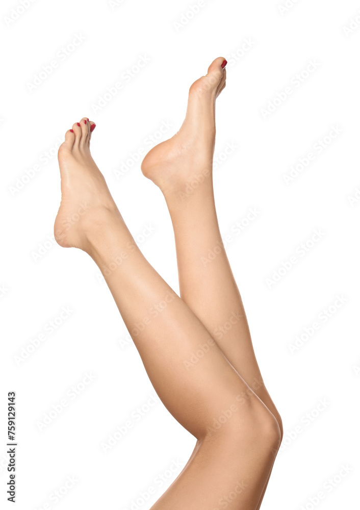 Woman with stylish red toenails after pedicure procedure isolated on white, closeup