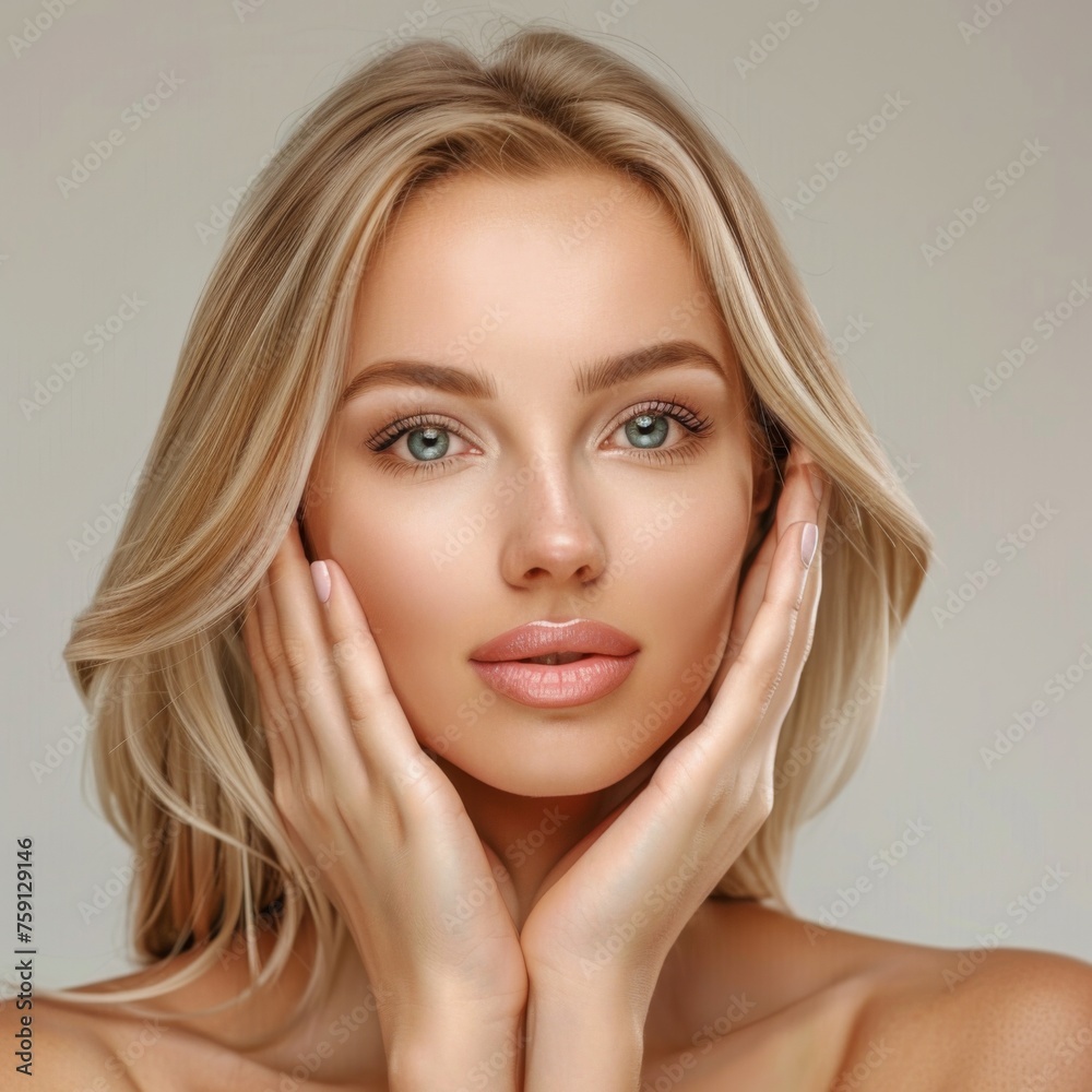 beautiful blonde woman with healthy skin looks at the camera and touches her face with her hands. natural makeup of a young beautiful model on a studio background with copy space. cosmetic concept beautiful blonde woman with healthy skin looks at the camera and touches her face with her hands. natural makeup of a young beautiful model on a studio background with copy space. cosmetic concept