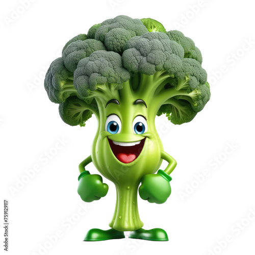 3D tiny cartoon character of broccoli with eyes, arms, legs on white transparent background. promote healthy kid's eating, nutrition education, children's books, fun mascot to sell vegetables