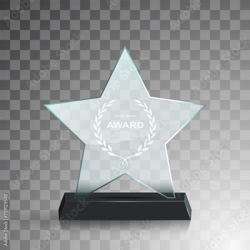 Glass award trophy set. Transparent prize template. Winner first place concept. Vector illustration. Winner glass trophy. First place award, crystal prize and signed acrylic trophies. Glass awarding t