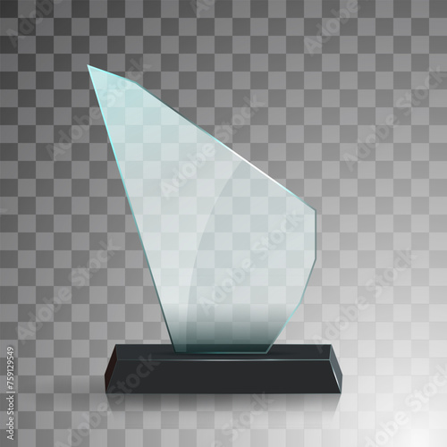 Glass award trophy set. Transparent prize template. Winner first place concept. Vector illustration. Winner glass trophy. First place award, crystal prize and signed acrylic trophies. Glass awarding t